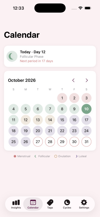 Calendar tinted by cycle phase