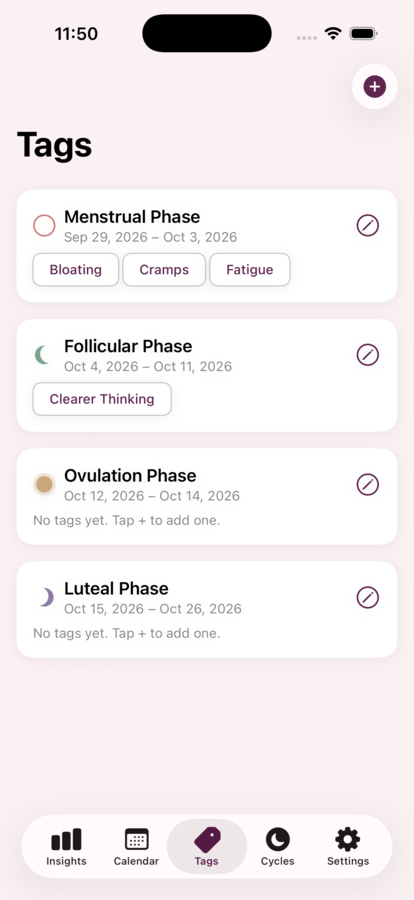 Tags screen with symptom and mood chips